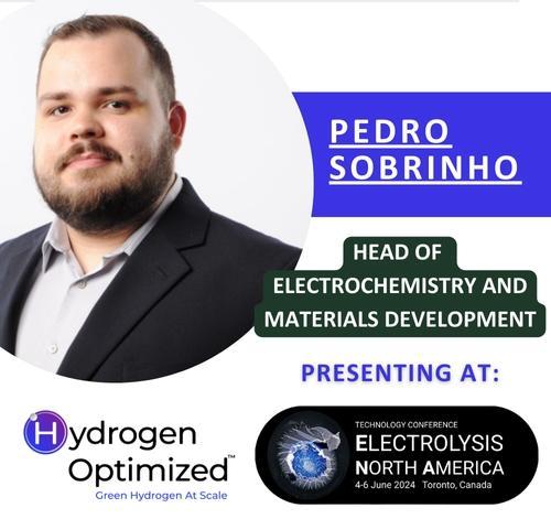 Headshot of Pedro Sobrinho with information on his speaking engagements at Electrolysis North America to the right and below.